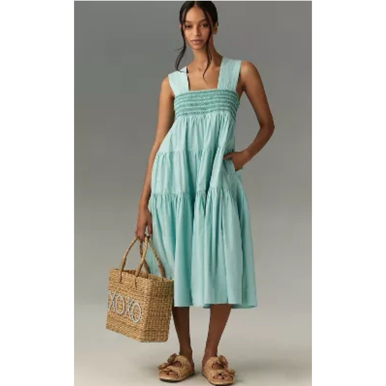 Anthropologie Midi Dress Helena Tiered Smocked Preppy Boho Vacay Size Xlp Nwt